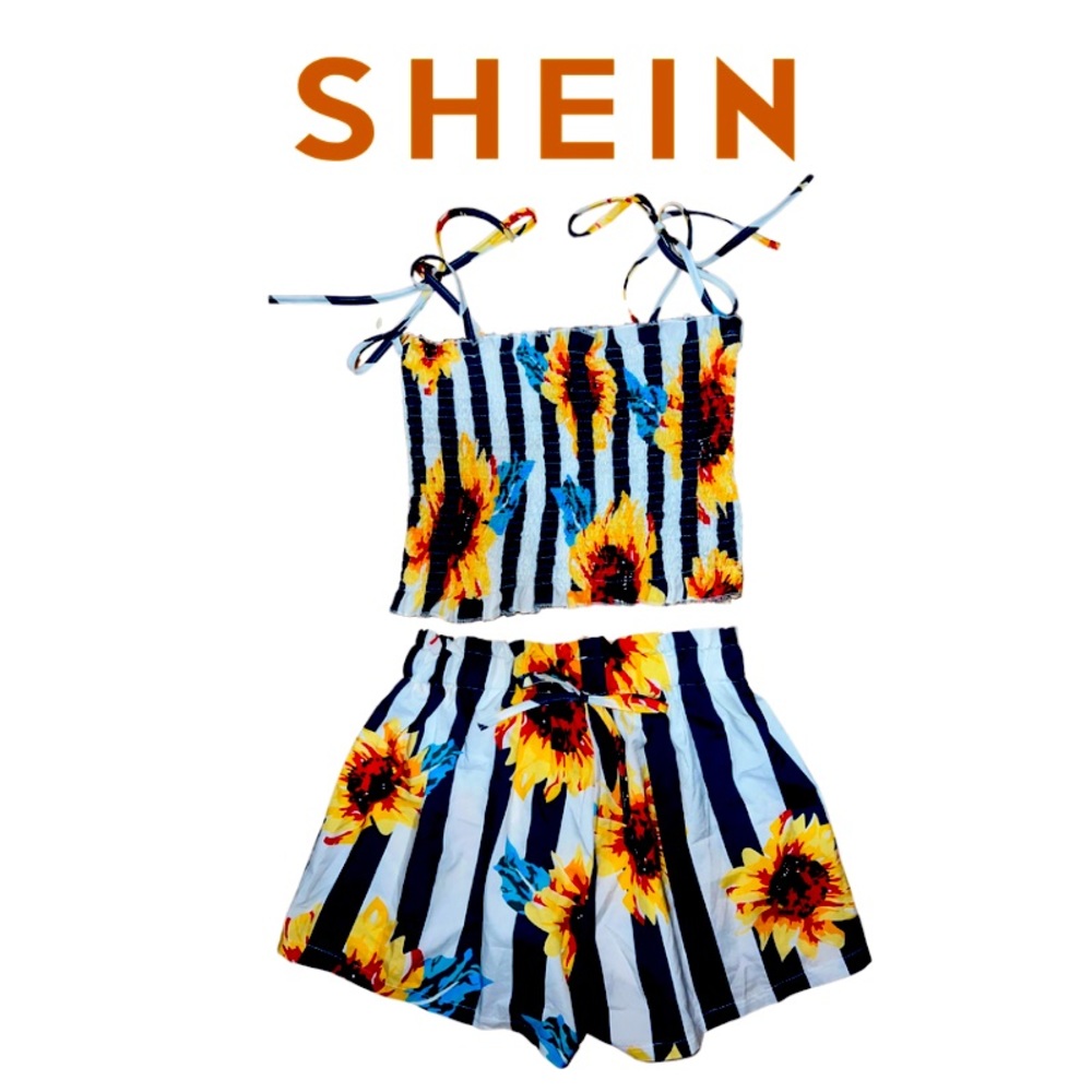 SHEIN Stripe and Sunflower Print Shirred Cami Top With Shorts